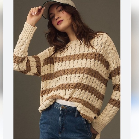 Anthropologie Pilcro Long Line Stitch Sweater Brown & White Striped Loose Knit - Picture 10 of 10